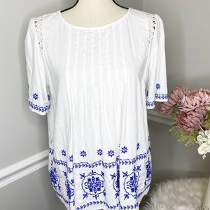 LOFT white with blue embroiled detail blouse